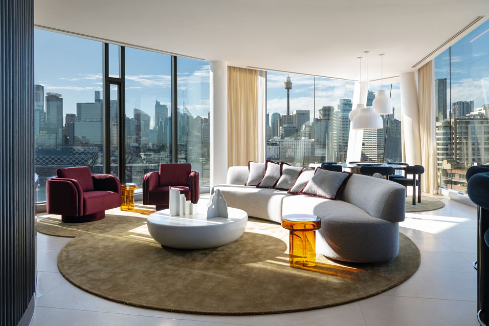The Star Sydney - hotel room - Natalie Rosin sculpture on coffee table with city views