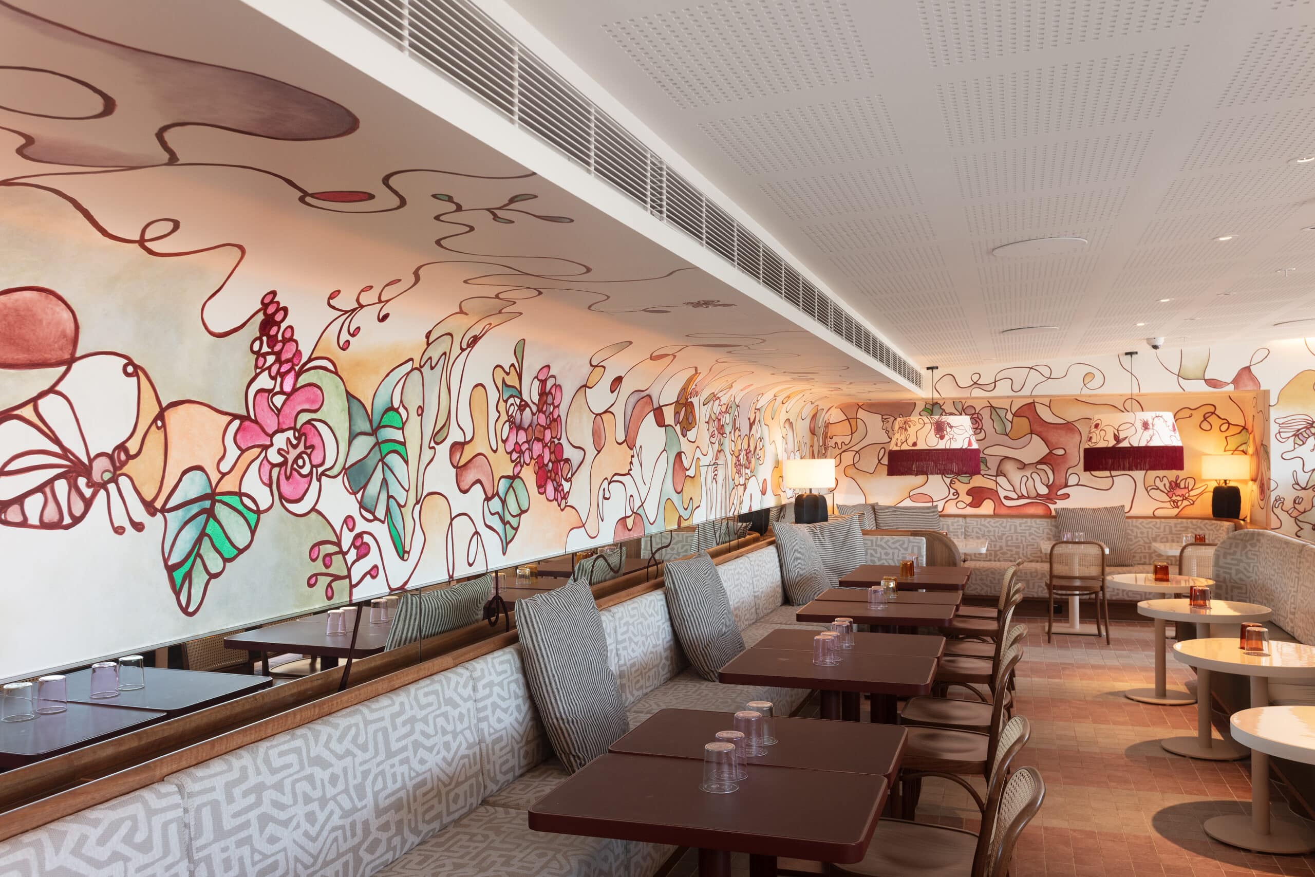 Line drawing mural by George Buchanan at Monica rooftop bar at 25hours The Olympia hotel Sydney