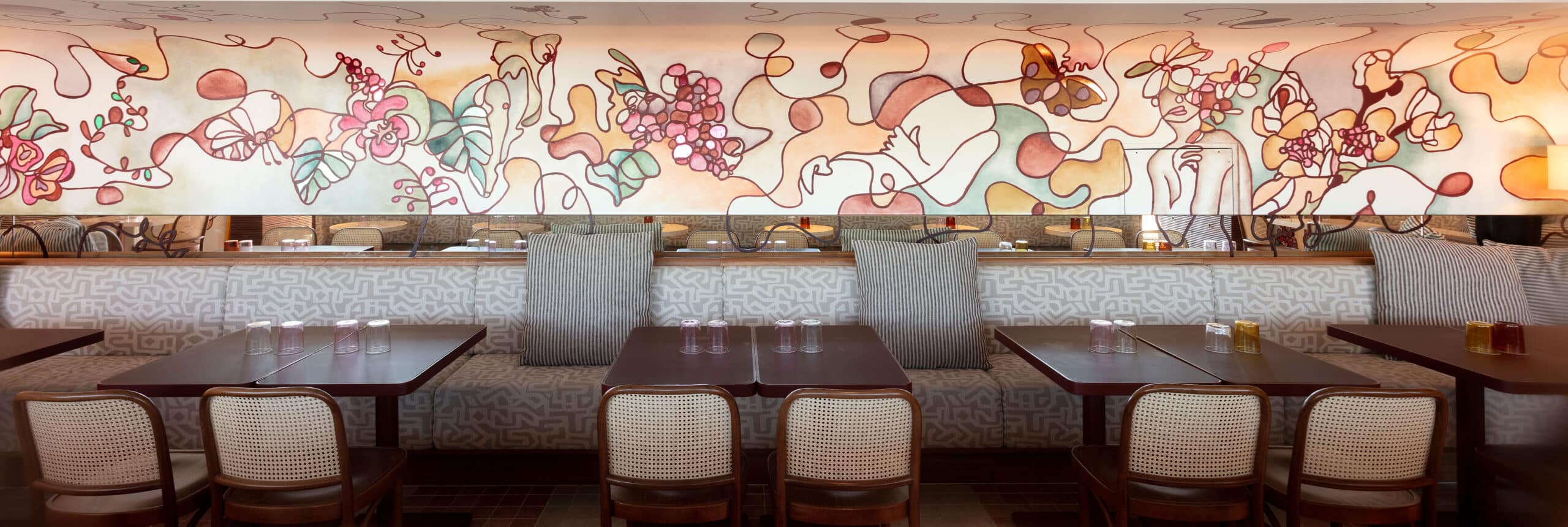 Line drawing mural by George Buchanan at Monica rooftop bar at 25hours The Olympia hotel Sydney