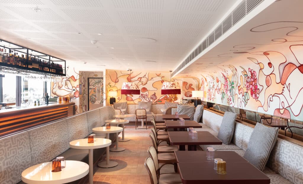 Line drawing mural by George Buchanan at Monica rooftop bar at 25hours The Olympia hotel Sydney
