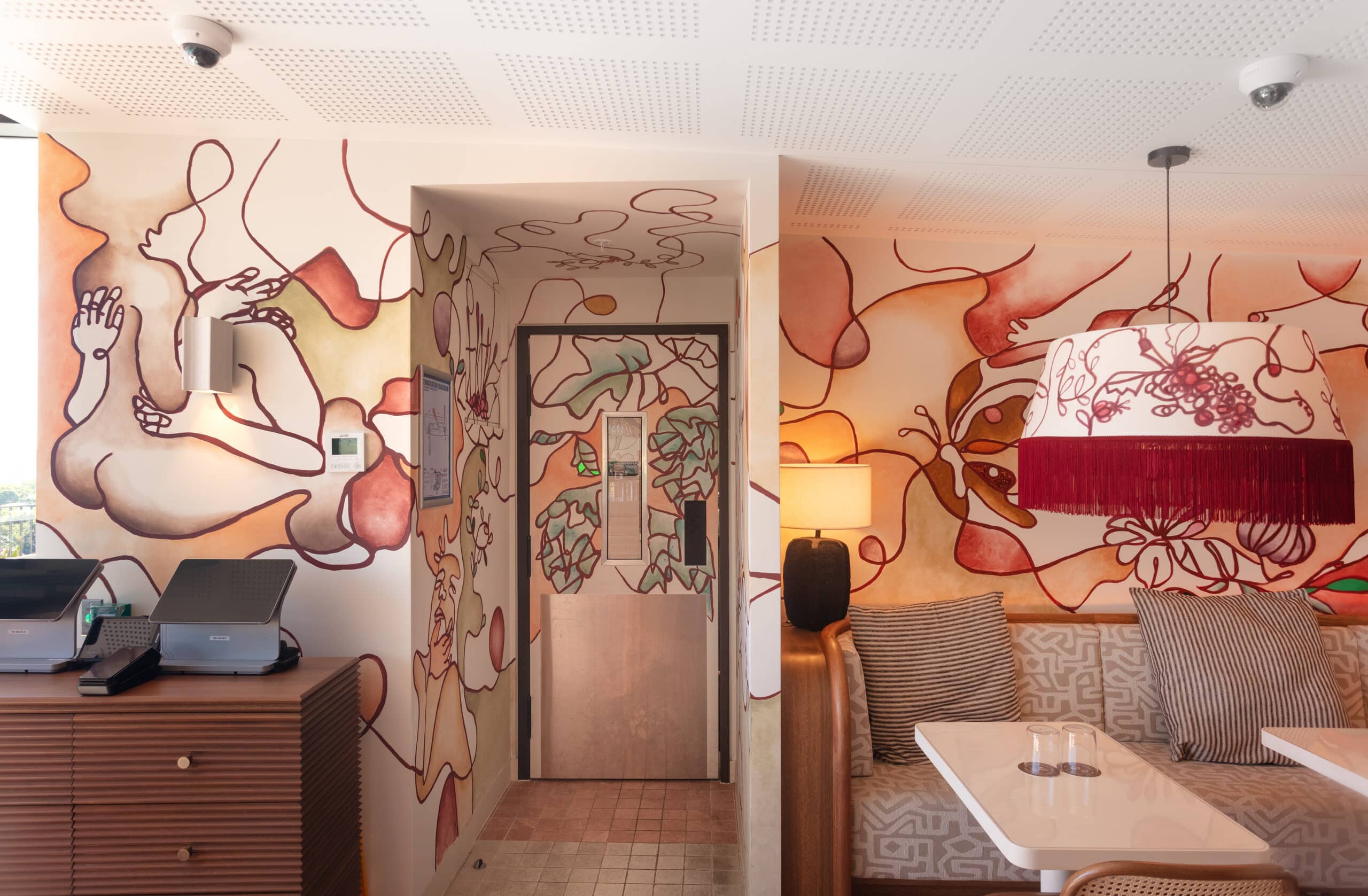 Line drawing mural by George Buchanan at Monica rooftop bar at 25hours The Olympia hotel Sydney