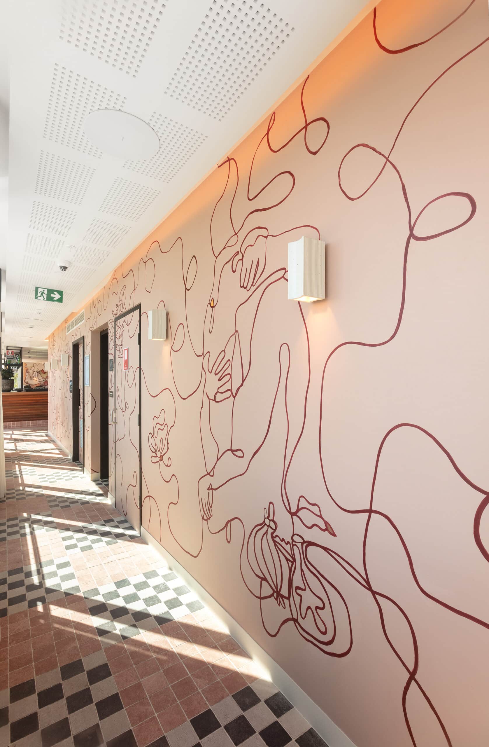 Line drawing mural by George Buchanan at Monica rooftop bar at 25hours The Olympia hotel Sydney