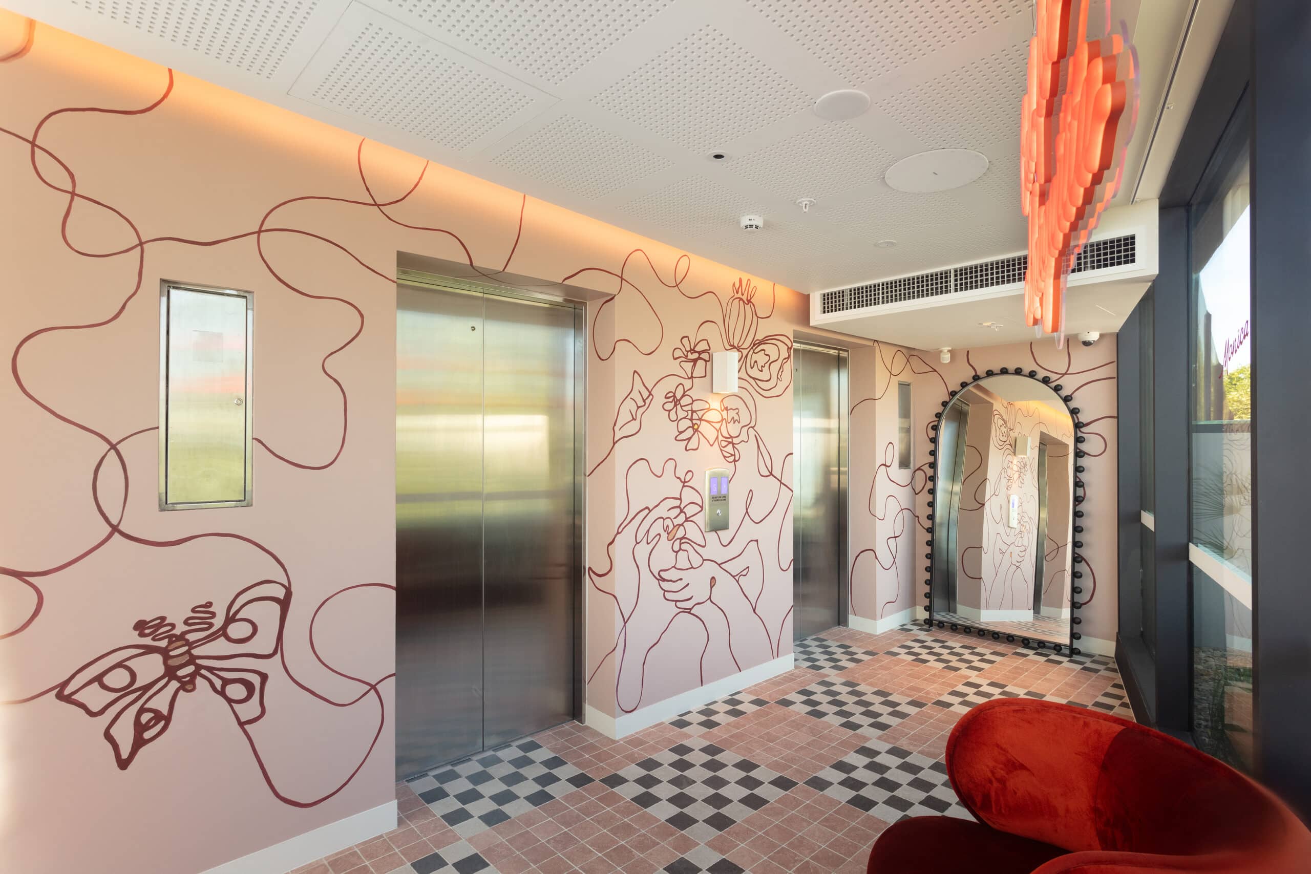 Line drawing mural by George Buchanan at Monica rooftop bar at 25hours The Olympia hotel Sydney