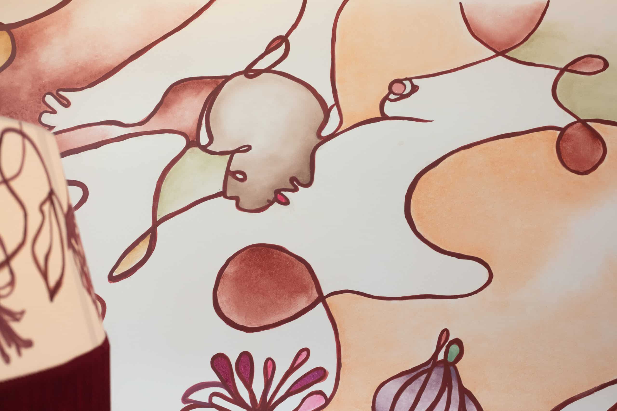 Line drawing mural by George Buchanan at Monica rooftop bar at 25hours The Olympia hotel Sydney