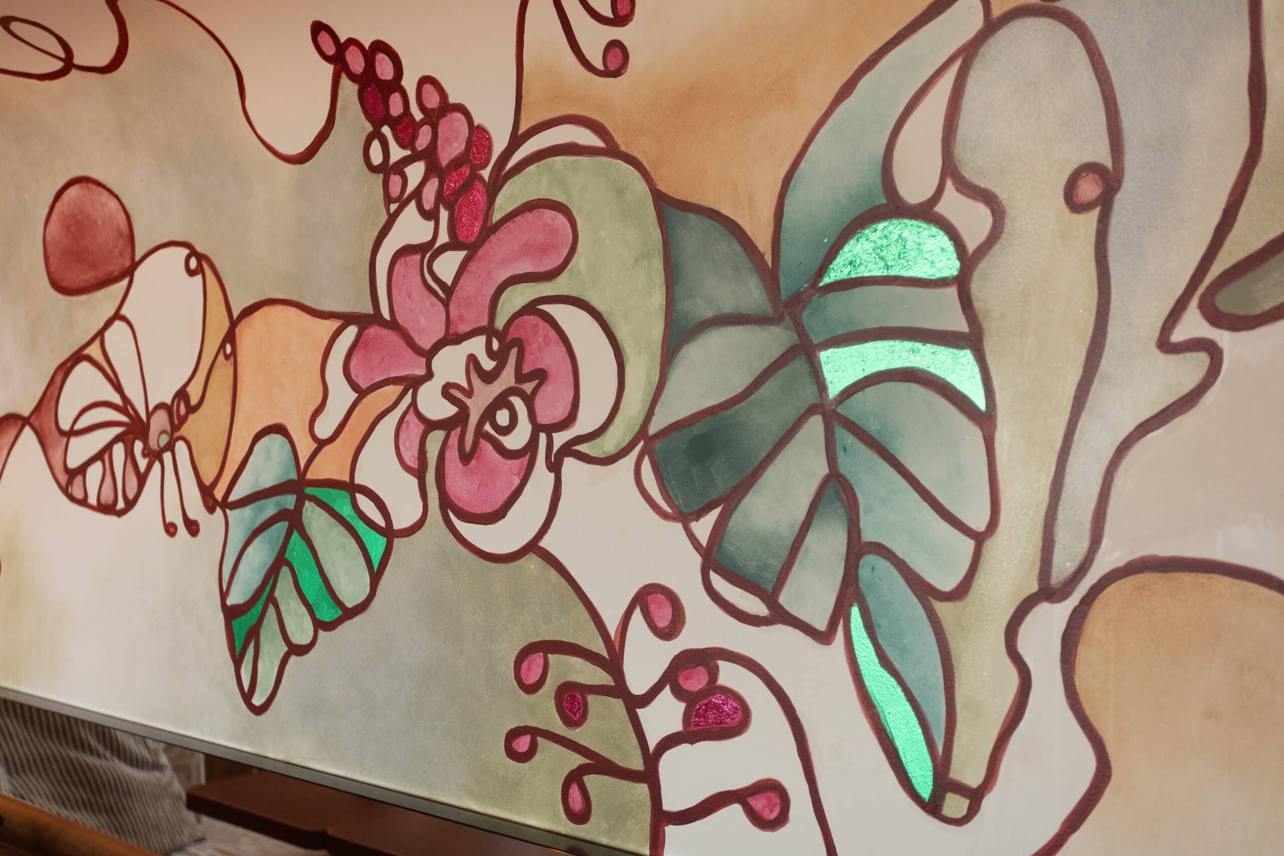 Line drawing mural by George Buchanan at Monica rooftop bar at 25hours The Olympia hotel Sydney