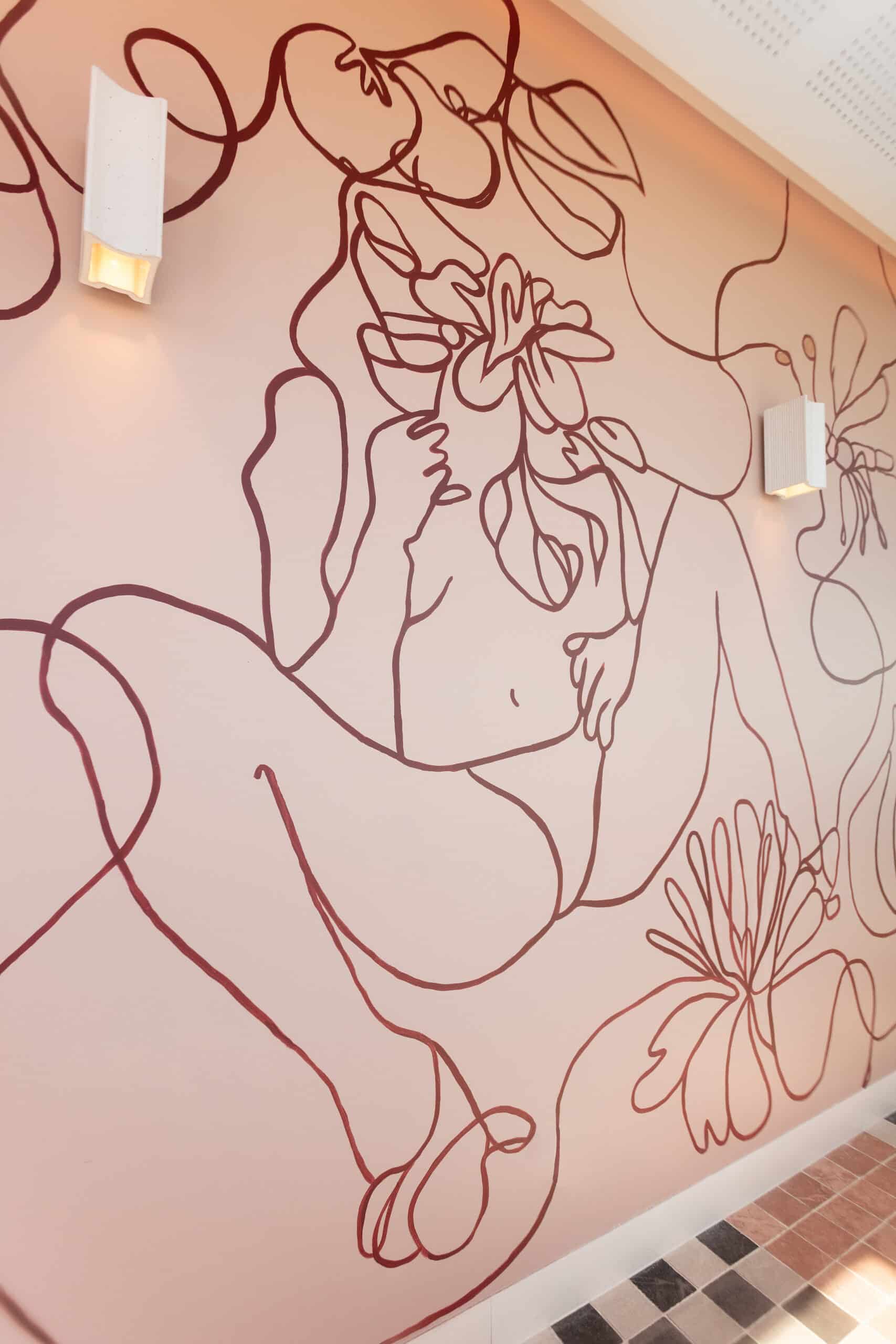 Line drawing mural by George Buchanan at Monica rooftop bar at 25hours The Olympia hotel Sydney