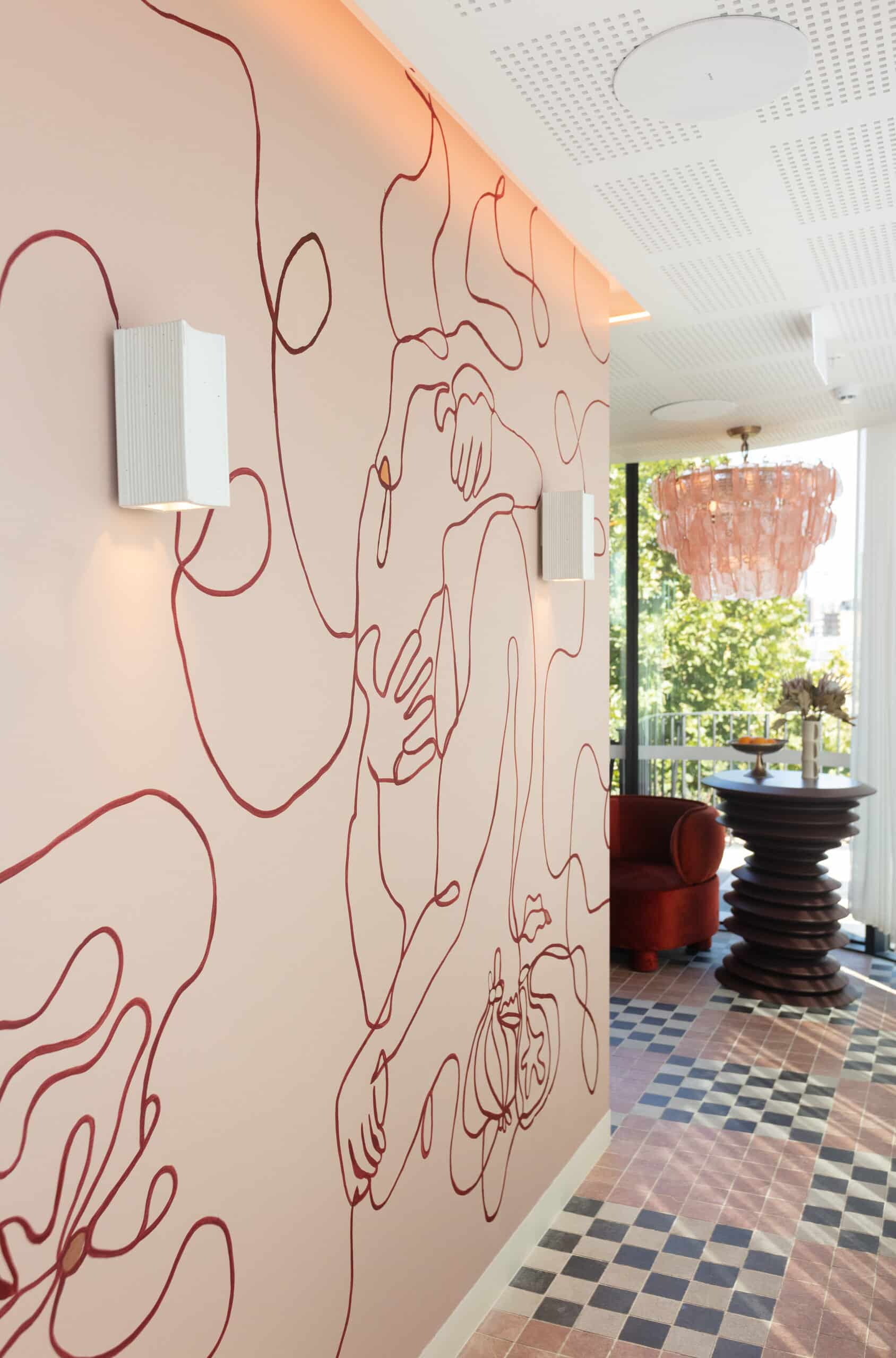 Line drawing mural by George Buchanan at Monica rooftop bar at 25hours The Olympia hotel Sydney